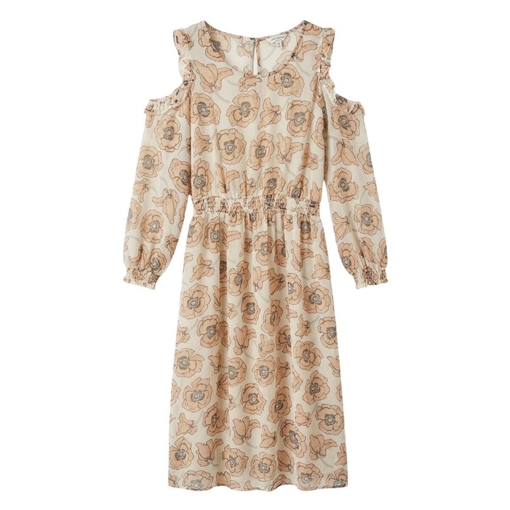 Lucky Brand Floral Cold Shoulder Midi Dress XS Sheer Ruffle Smocked Waist Boho